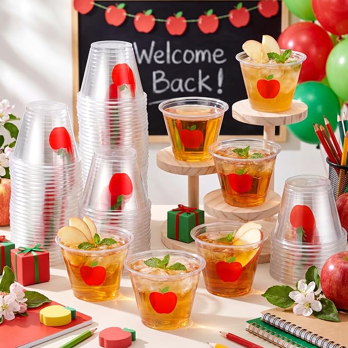 LemonRoad 100 Pack Apple Theme Cups Back to School Party Supplies 9 oz Red Apple Disposable Clear Plastic Cocktail Cups Hot Cold Beverage Drinks for Classroom First Day of School Table Decorations
