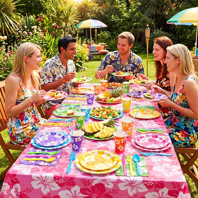 Vesici 452 Pcs Hawaiian Luau Party Supplies Set Tropical Hibiscus Tableware Kit with Plates Napkins Tablecloths Cups Utensils Straws for Summer Beach Pool Birthday BBQ Aloha Party Decor, Serve 50