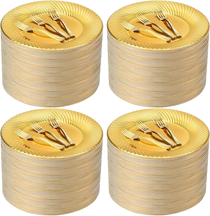 Tioncy 200 Pcs Gold Plastic Dessert Plates with Mini Forks Set for 100 Guests Includes 100 Pcs 7'' Disposable Cake Plates 100 Pcs 3.94'' Gold Plastic Forks for Wedding Birthday Party Dessert Table