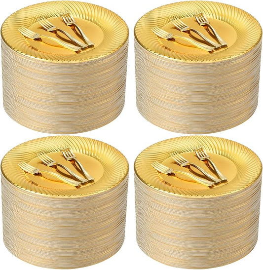 Tioncy 200 Pcs Gold Plastic Dessert Plates with Mini Forks Set for 100 Guests Includes 100 Pcs 7'' Disposable Cake Plates 100 Pcs 3.94'' Gold Plastic Forks for Wedding Birthday Party Dessert Table
