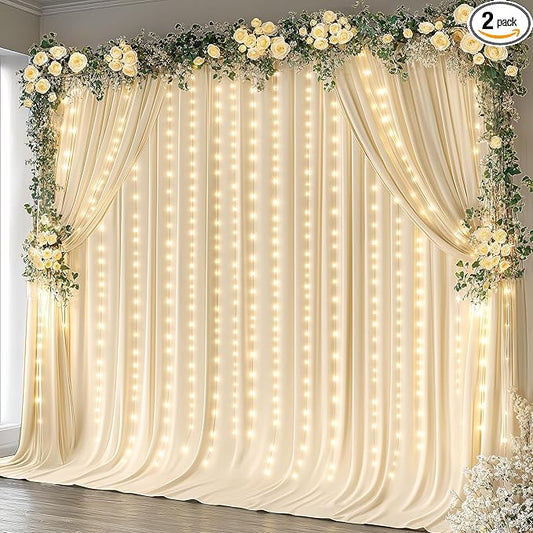 10 x 10ft Champagne Backdrop Curtains with Lights String for Wedding Polyester Photo Backdrop Drapes Wrinkle Free Long Curtains Backdrop for Birthday Parties Reception Baby Shower Ceremony-5 x 10ft 2P