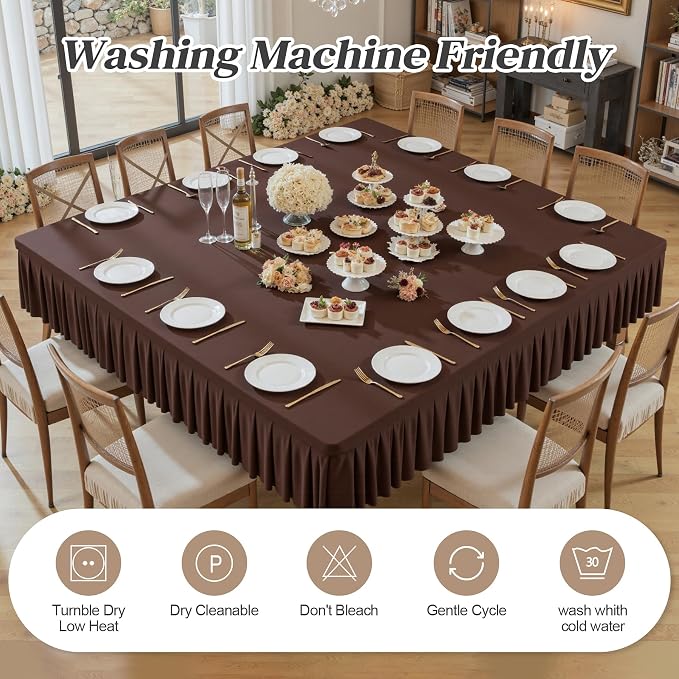 Wish Care Chocolate Spandex Tablecloths for 60x60 Inch Square Tables, Stretch Fitted Table Clothes with Pleated Ruffle Skirt for 60” Table, Wrinkle Free and Elastic, for Party Kitchen Home Dining