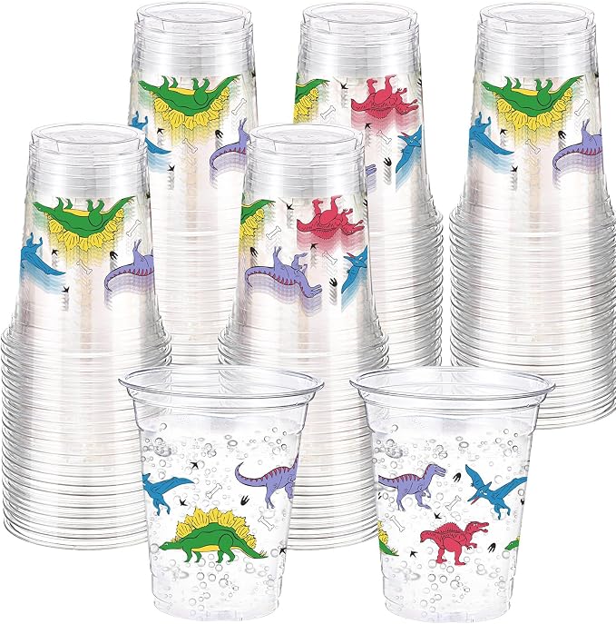 Funnymoom 60 Pack Dinosaur Cups 12 oz Disposable Clear Plastic Dino Theme Drinking Cups for Dinosaur Birthday Party Decorations Supplies