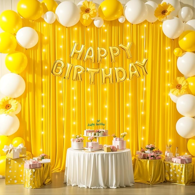 Yellow Backdrop Curtains with Lights for Parties,10x10FT Wrinkle Free Wedding Photo Backdrop Light Tulle Curtains for Baby Shower Birthday Ceremony Reception Home Party Decorations-5ft x 10ft