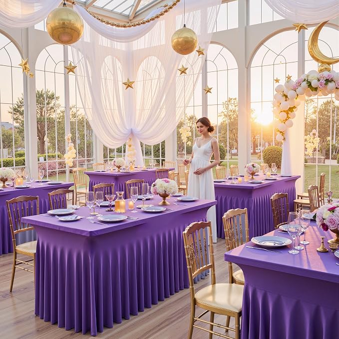 Outpain Deep Purple Spandex Table Clothes for 6 Foot Rectangle Tables-2Pack 6FT Spandex Fitted Table Cover, Wrinkle Free Tablecloths with Skirt for Parties, Wedding, Birthday, Banquet, Festival