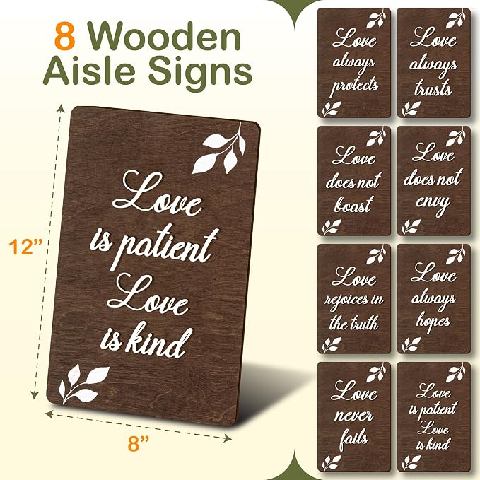 Stofinity Rustic Wedding Aisle Signs - Set Of 8, 1 Corinthians 13 Wooden Wedding Decor Signs