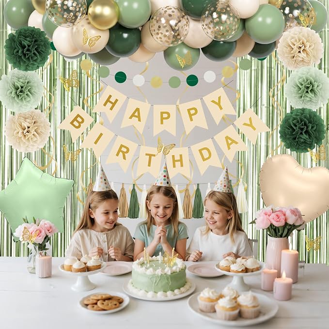 Sage Green Birthday Party Decorations for Women Girls, Green Olive Gold Sand White Confetti Foil Balloons Happy Birthday Banner Fringe Curtain Hanging Swirls Circle Dots Tassels Pompoms Party Supplies