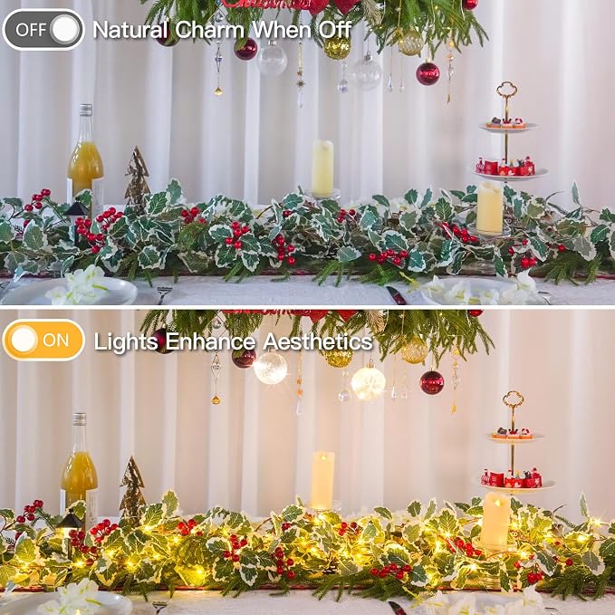 suddus 40 LED Christmas Fairy Lights Battery Powered,12.5ft Vine String Lights with Red Berries & Holly Leaf Timer Remote, Artificial Garlands for Fireplace, Bedroom,Porch,Door,Table,Stairs,Xmas Decor