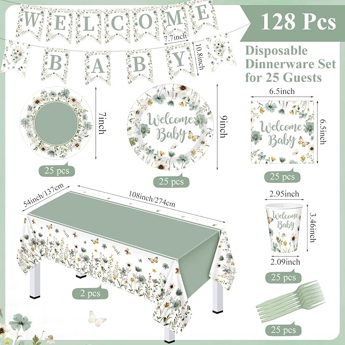 LemonRoad 128 Pcs Sage Green Floral Baby Shower Party Decorations for 25 Guests, Wildflower Welcome Baby Shower Paper Plates Napkins Cups Tablecloth Forks Banner for Spring Gender Reveal Party Supply