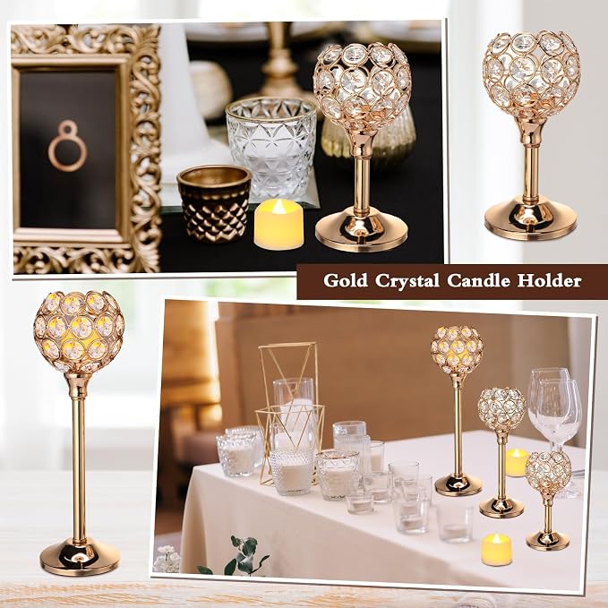 Hushee 42 Pcs Crystal Candle Holders with LED Tea Lights Candles Bulk Decorative 3 Sizes Candlestick Holders for Table Centerpieces, Home Decor, Weddings, and Housewarming Gifts(Gold)