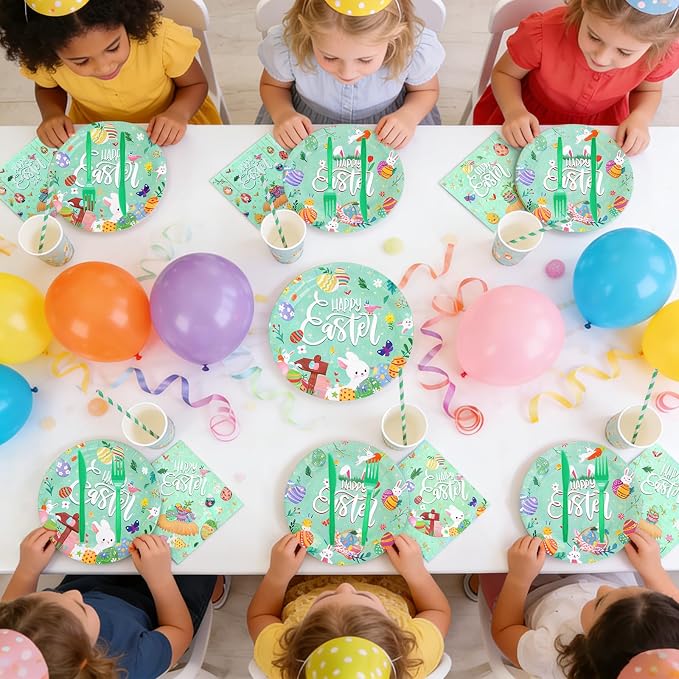 192 Pcs Easter Plates and Napkins Set Party Decorations Birthday Decorations Paper Plates Napkins Cups Forks Tablecloth Banner Bow Tableware Serve 24