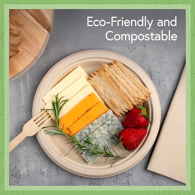 Bamboo Compostable Dinner Plates (500-Pack, 9-inch) | Sturdy & Microwave Safe | Heavy Duty Plates Disposable | PFAS Free, Biodegradable | FSC Certified Alternative to Plastic