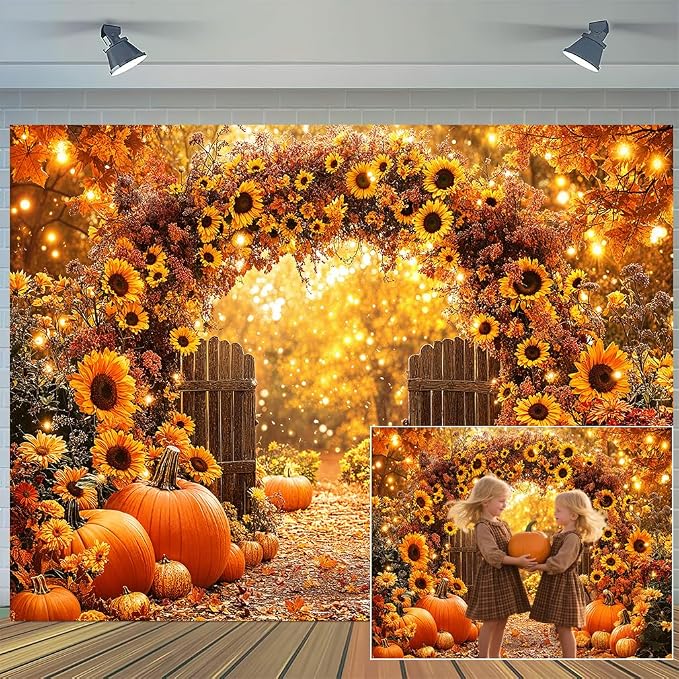 15 x 10 ft Fall Backdrop Autumn Sunflower Arch Forest Leaves Pumpkins Scenery Rustic Trail Harvest Photography Background Fall Farm Thanksgiving Party Supplies Banner Picture Photo Booth
