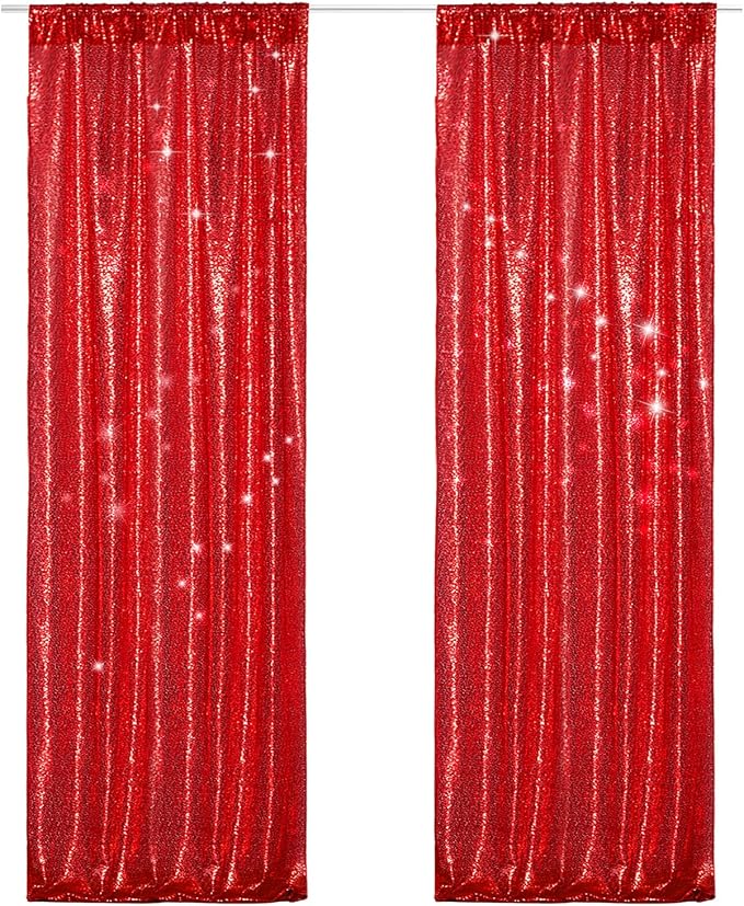 PartyDelight Red Sequin Backdrop Curtains 2x8ft 2 Panels | 3mm stitched sequin curtain with 4 inch rod pocket for 2x8ft 2 panel doorway window side drape narrow photo booth strip
