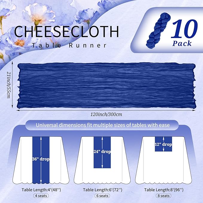 10 Pack Royal Blue Cheesecloth Table Runner 10FT Boho Gauze Cheese Cloth Table Runners Romantic Rustic Sheer Table Decorations for Wedding Party Baby Shower Birthday Holiday Home