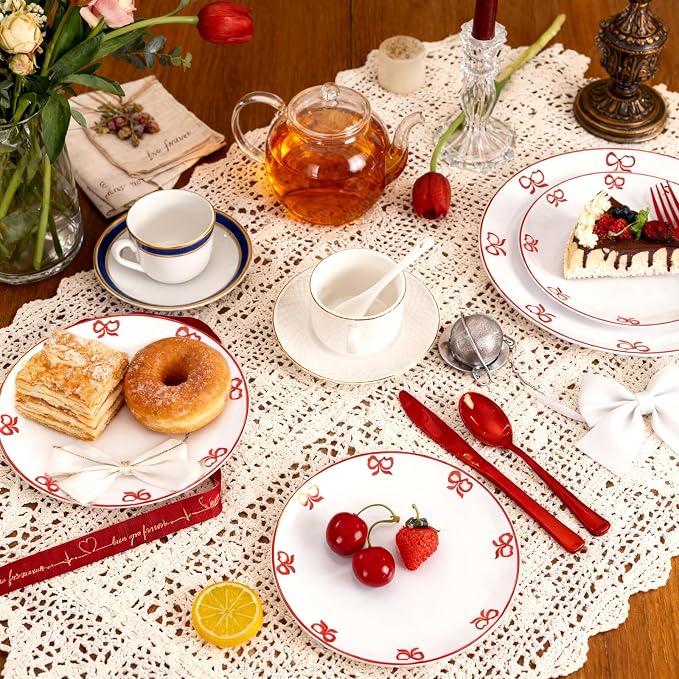 125PCS Red Bow Plastic Plates - White and Red Rim Disposable Plates - 50 Elegant Plates with Bowknot Patterns, 25 Forks, 25 Spoons, 25 Knives for Birthday Wedding Party