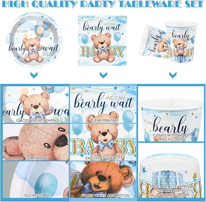 Sliner 175 Pcs We Can Bearly Wait Blue Bear Plates Napkin Cups Knives Party Supplies Disposable Cups Paper Tableware Set Baby Shower Decorations for Boy Gender Reveal Tableware Set Serves 25 Guests