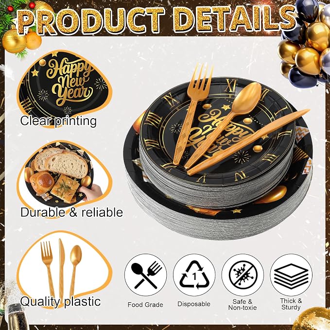 Zhehao 350 Pcs Happy New Year Party Supplies Tableware 2026 New Years Eve Dinnerware Set for 50 Guests Disposable Black Gold Paper Plates, Napkin, Cup, Knife, Fork and Spoon for Celebration (Balloon)