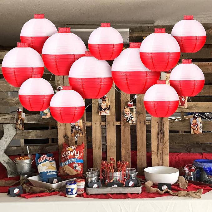 Fishing Bobber Paper Lanterns Round Decoration Lantern 12 PCS Red and White Hanging Paper Lanterns for Fishermen Theme Party Decoration Supplies Birthday Decor