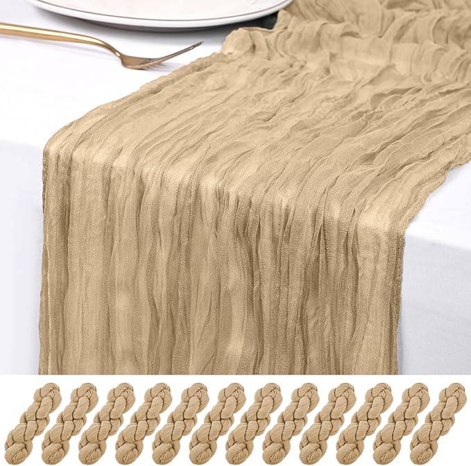 12 Pack Beige Cheesecloth Table Runner 120 inch Fall Thanksgiving Boho Rustic Gauze Farmhouse 10FT Cheese Cloth Runner for Baby Shower Wedding Party Holiday Home Decor