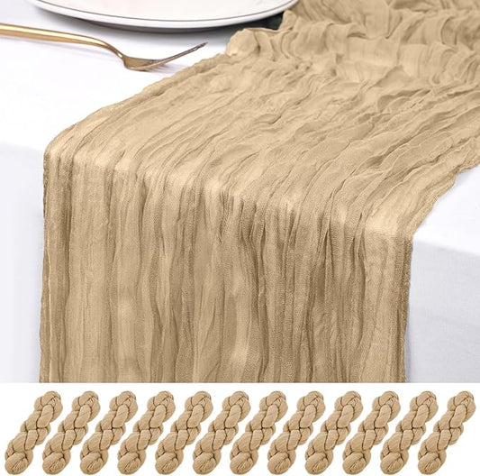 12 Pack Beige Cheesecloth Table Runner 120 inch Fall Thanksgiving Boho Rustic Gauze Farmhouse 10FT Cheese Cloth Runner for Baby Shower Wedding Party Holiday Home Decor