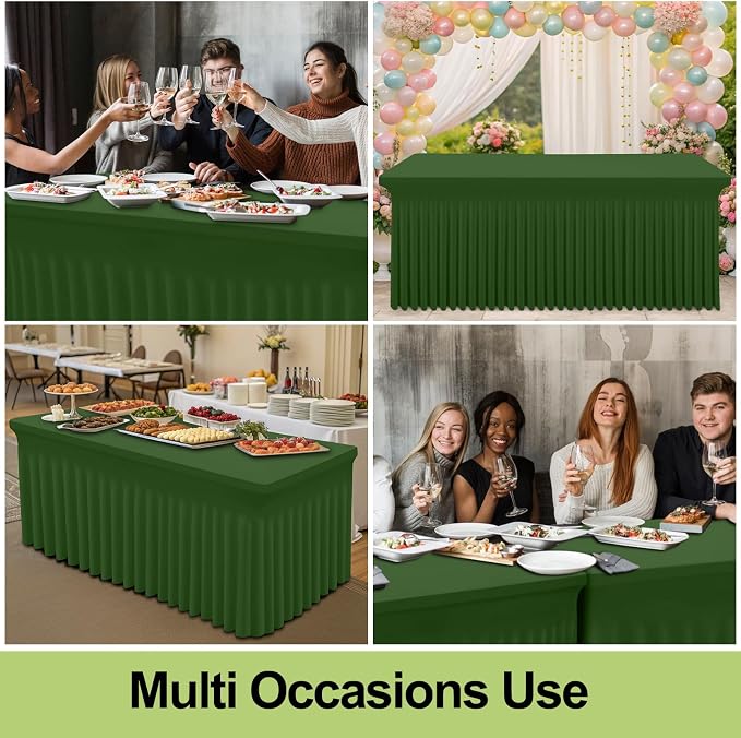 Smiry Spandex Tablecloth 2 Pack, Elastic Fitted Stretch Tablecloth for 8FT Rectangle Tables, Waterproof Washable Table Cover Skirt for Wedding, Banquet & Parties (Olive Green, 96Lx30Wx30H Inch)