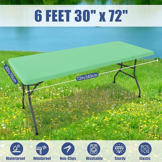 Moosfor Spandex 6 Foot Rectangle Table Cloth 4 Pack, Elastic Fitted Tablecloths for Picnic, Stretch Washable Patio Table Cover for Outdoor, Camping, Banquet and Parties (Bright Green, 30"x72")