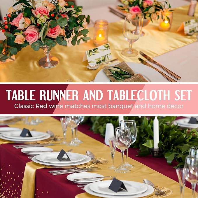 Breling 16 Pack Burgundy and Gold Disposable Plastic Tablecloths and Satin Table Runner Set, 54 x 108 Inch Tablecloth, 12 x 108 Inch Table Runners for Wedding Graduation Birthday Baby Shower