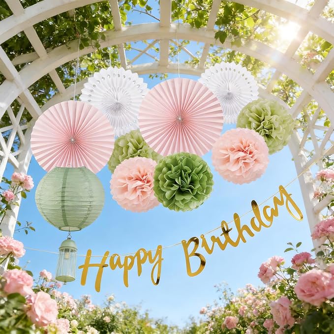 EASY JOY Sage Green and Pink Party Decorations Green Birthday Decorations Sage Tissue Pom Poms Paper Lanterns White Paper Fans (11pcs) for Women Girls Birthday Wedding Bridal Shower Baby Shower