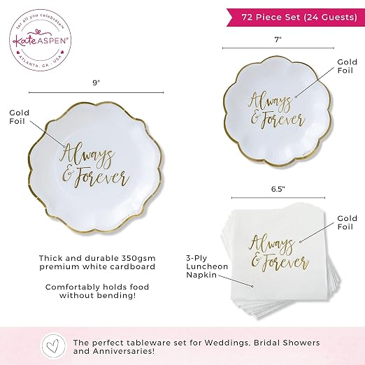 Kate Aspen Always & Forever Wedding Paper Plates and Napkins Set - 72 Piece Wedding Plates Disposable Party Tableware for 24 Guests - Bridal Shower Decorations, Engagement Party Decor