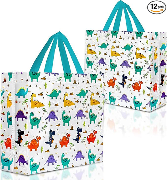 Nush Nush Dinosaur Gift Bags Large – Set of 12 Dinosaur Party Bag With Handles, Large Gift Bags for Kids - Ideal Goodie Bag For Kids Birthday Party Favors, Dino Themed Parties, Boys - 13x5x11
