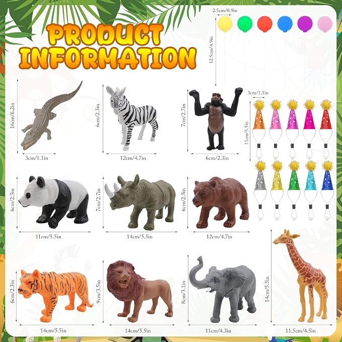 26 PCS Jungle Animal Birthday Party Decorations with Safari Animal Figurines, Mini Hats & Balloons, Cake Toppers for Birthday Party, Wild Animals Party Supplies(Jungle Animal)