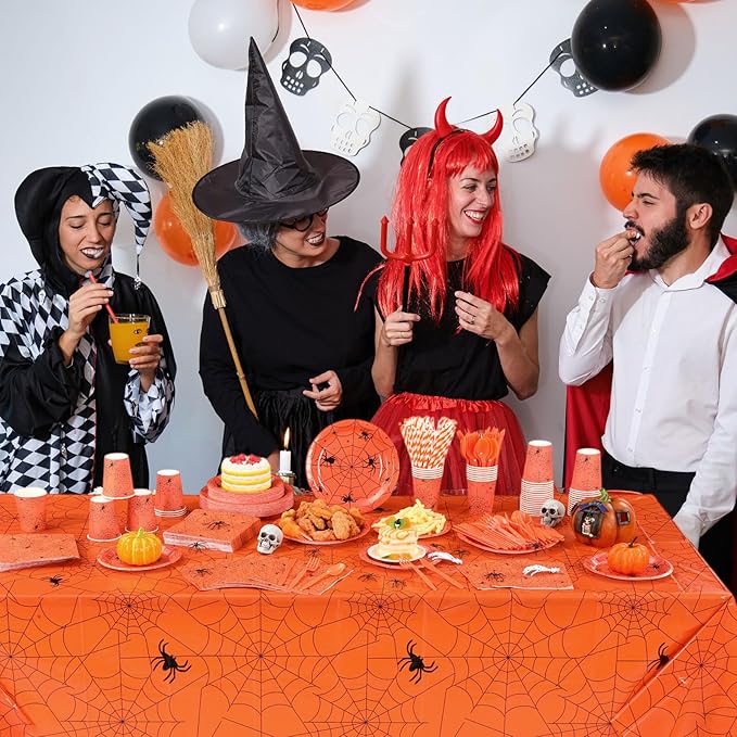 Funnymoom 452 Pcs Halloween Spiderweb Supplies Tableware for 50 Guests, Orange Spider Web Paper Plates Napkins Cups Tablecloth Cutlery Straws for Spiderweb Halloween Birthday Party Decoration