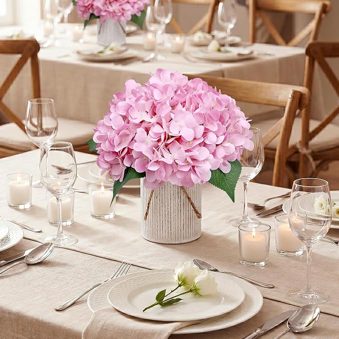 Flower Table Centerpieces - Set of 6 Floral Arrangement Artificial Wedding Hydrangeas Floral Arrangement with Rustic Metal Vase for Bridal Tea Party Event Decorations - Blush Pink