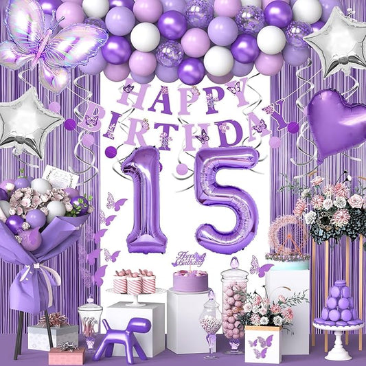 15th Purple Birthday Decorations for Girls, Purple Pink 15th Birthday Decorations Butterfly Theme Lavender Party Decor Set with Number Balloons, Banner, Sash, Butterfly Stickers