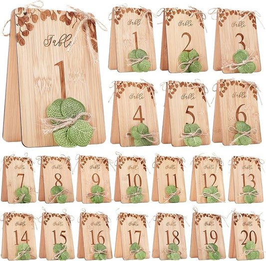 Chunful Wedding Table Numbers 1-20 Wooden Rustic Table Number Signs for Wedding Reception Double-Sided Printing Centerpiece for Party Bridal Shower Banquet Restaurant Decoration 4'' x 6''(Eucalyptus)