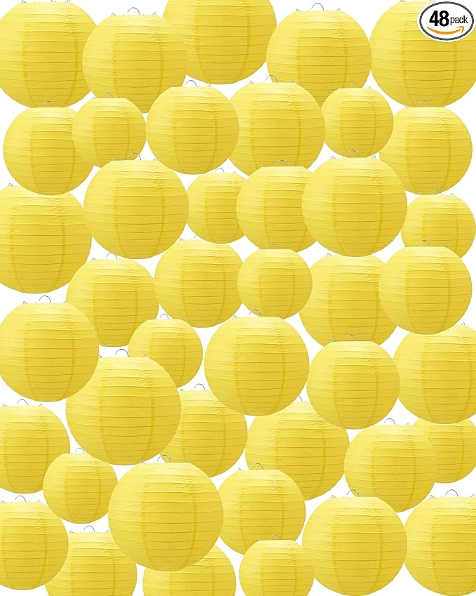 Treela 48 Pcs Paper Lanterns Party Decorations Chinese Round Paper Decor 4/6/8/10 Inch Asian Hanging Lamps Decorative for Graduate Wedding Birthday Party Bridal Parties Supplies(Yellow)