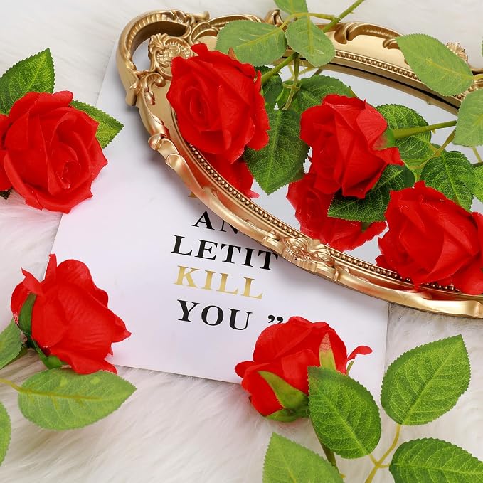 36 Pcs Silk Rose Bouquet Bridal Artificial Flowers,Fake Rose Long Stem Realistic Artificial Flowers Bulk for Wedding Bouquet Ball Arrangement Centerpiece Party Decor(red)