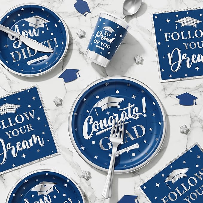 Ecomore Graduation Decoration Class of 2026, 350PCS Graduation Party Supplies for College High School Disposable Dinnerware(Serve 50) with Paper Plates Cup Napkin Fork Knife Spoon (Navy Blue & Silver)
