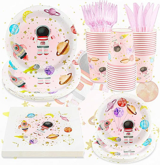 120 PCS Space Party Supplies, Disposable Pink Moon Star Paper Plates Napkins Knives Forks Cups, Outer Space Planet Tableware Set for Birthday Baby Shower Bachelorette Party Decor, Serves 20 Guests