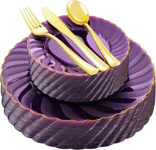 YOUBET 125PCS Purple Plastic Dinnerware Set - Gold and Clear Purple Disposable Plates Include 50 Plastic Plates 75 Silverwares for Wedding Birthday Parties & Party