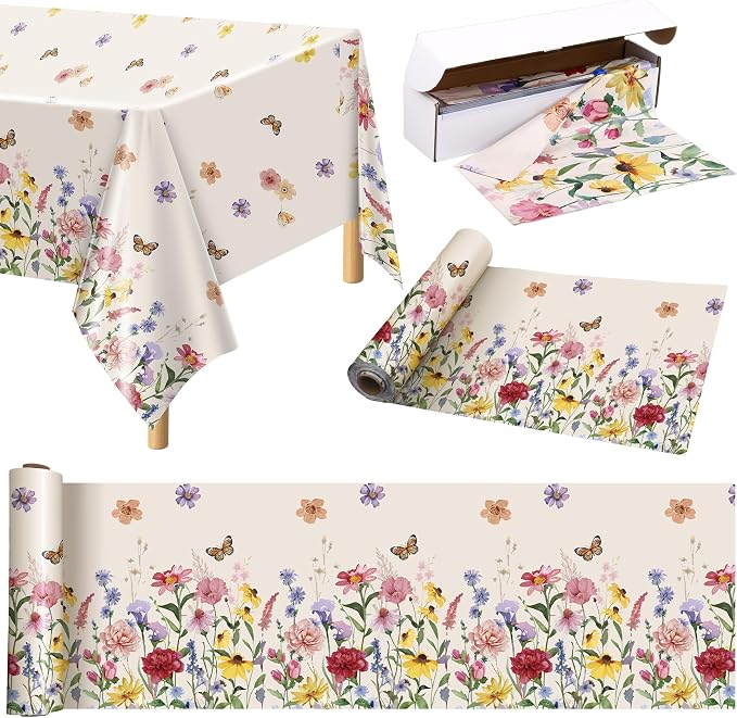 Kochorie 100 Ft x 54 Inch Spring Floral Tablecloth Roll Plastic Flower Tablecloth Roll Wildflower Butterfly Disposable Table Cover for Spring Tea Party Supplies Birthday Wedding Party Decorations