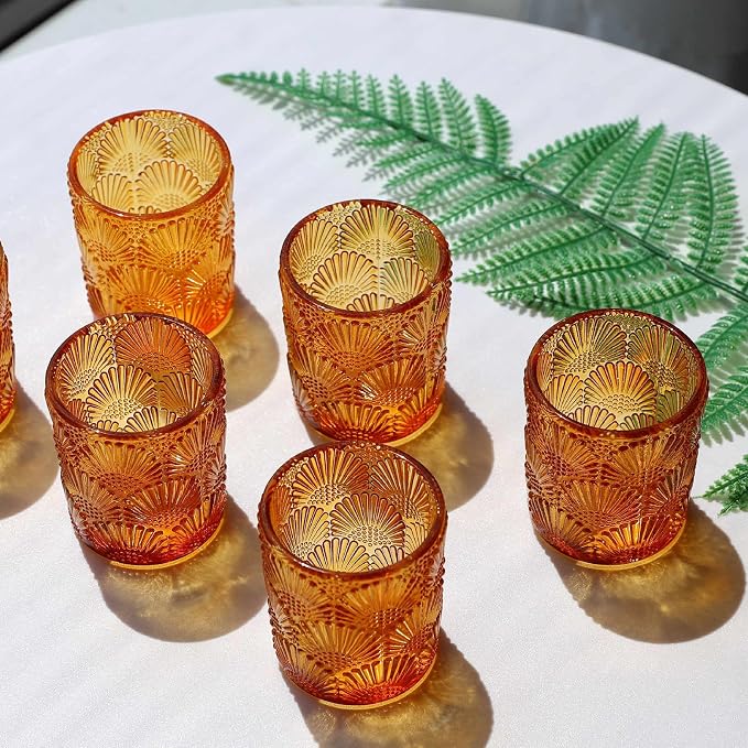 Woho 12Pcs Amber Votive Candle Holders, Glass Amber Candle Holder for Fall Wedding, Boho Tea Lights Candle Holder for Halloween Thanksgiving Centerpieces Table Decoration
