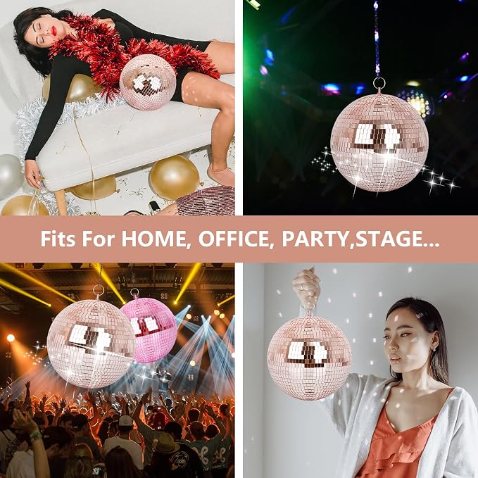 Mirror Ball, MUZTOP 10 Inch Disco Ball with Hanging Ring, Light Mirror Ball for Disco Parties DJ Stage Wedding Christmas Home Decor, Rose Gold