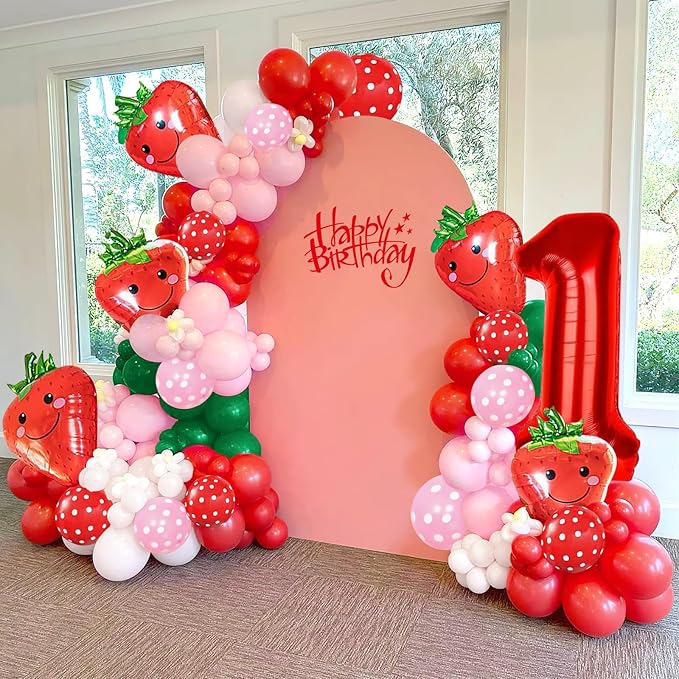 Strawberry Party Decoration Balloon Garland Arch Kit, 143Pcs Red Pink Balloons Strawberry Foil Balloons for Sweet One Boy Girl Berry First Themed Birthday Party Supplies & Baby Shower Decoration