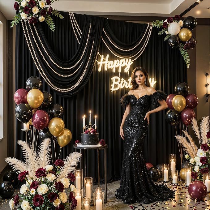 30ftx12ft Wrinkle Free Black Backdrop Curtain, 6 Panels 12FT Long Wedding Photo Backdrop Drapes, Silky Polyester Back Drop Cloth for Birthday Photography Background Party Backdrop Draping