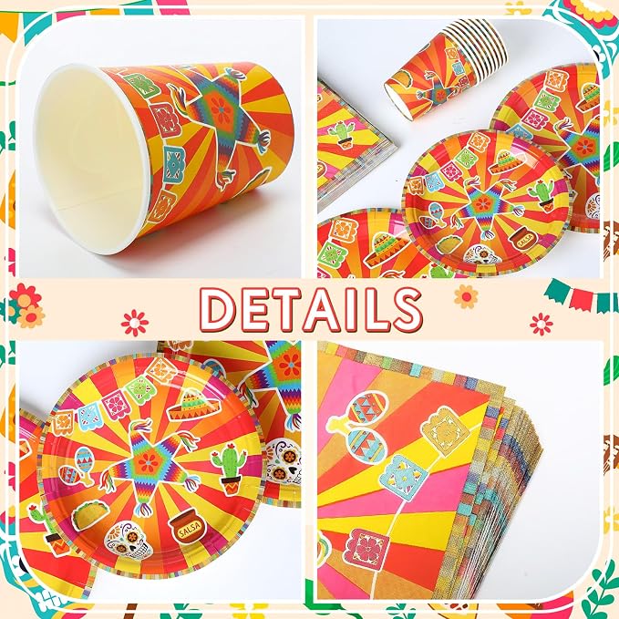 Jenaai 200 Pcs Fiesta Tableware Set Serve for 50 Guests Mexican Birthday Party Decorations Cinco De Mayo Party Supplies 9" Dinner Plates 7" Dessert Plates Cups and Napkins for Dinnerware Disposable