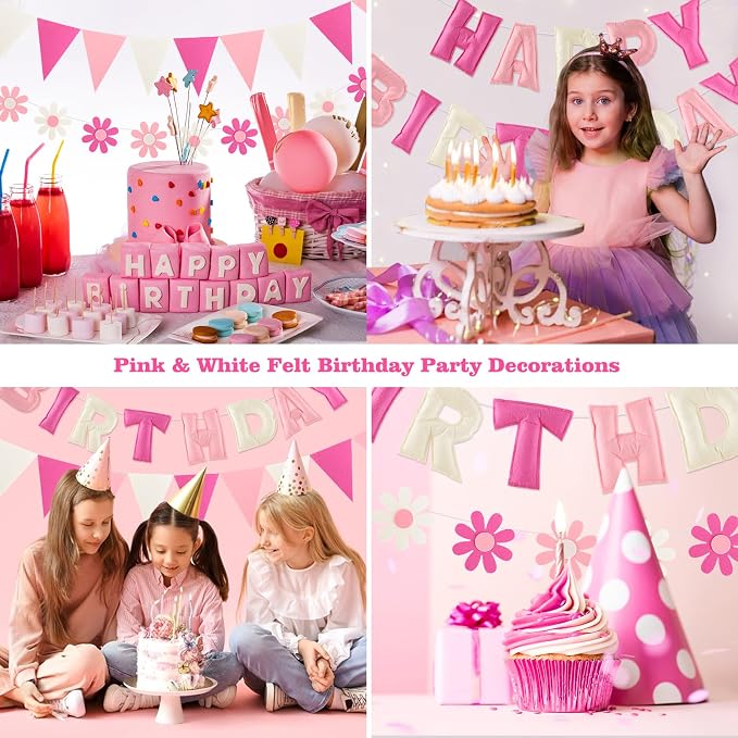 YEOCU Happy Birthday Decorations, No DIY, Pre-Strung 3D Banner | Pink&White, 3D felt banner, flower garland & flags. No DIY, reusable for kids & women.