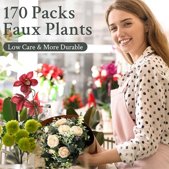 Janinka Mixed Eucalyptus Leaves Stems Bulk with White Seeds Artificial Silver Dollar Leaves Sprays Faux Oval for Wreath Garland Floral Bouquets Arrangement Wedding Greenery Decoration(170)
