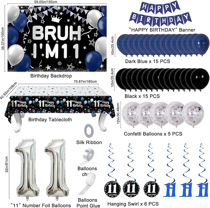 11th Birthday Decorations for Boys & Girls, 54 PCS Blue Black Party Decorations, 11 Year Old Boy Birthday Party Supplie with Banner Backdrop, Hanging Swirls, Tablecloth, Bruh I'm 11 Party Supplies